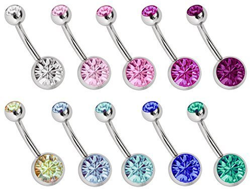 Bauchnabel Piercing SET Stahl, 10 x Banane in 1,6 x 8 mm mit 8 mm + 5 mm Steinkugel