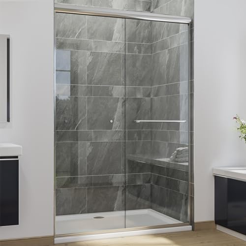 SUNNY SHOWER Double Sliding Shower Door Semi-Frameless Shower Enclosure 1/4 inch Glass Bypass Sliding Bathroom Door, Chrome Finish, 48 in. W x 72 in. H