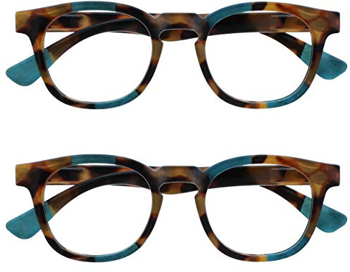 OPULIZE Ava Lunettes de Lecture Pack de 2 Avec Monture Arrondi Flatteur Charnières à Ressort Anti-Rayures Écailles de Marron Touche de Turquoise Hommes Femmes RR62-Q +2.50