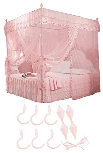 Ymiko Moustiquaire de Lit Baldaquin en Polyester Rose 150x200x200 cm 3 Ouvertures Latérales Dentelle Protection Anti-Moustiques