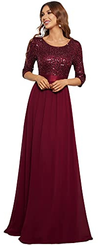 Ever-Pretty Vestiti da Sera e Cerimonia Donna Linea ad A Elegante Manica 3/4 con Paillettes Abiti da Damigella Chiffon Stile Impero Borgogna 46