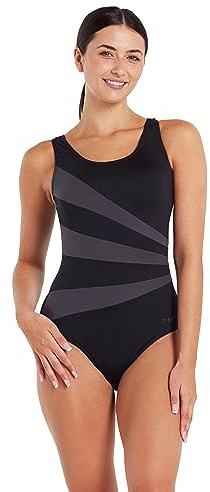 Zoggs Sandon Scoopback Swimming Costume Women (Black/Eco Fabric, 44-inch / 20 UK) Swimwear One Piece, Fixed Foam Cups, Medium Leg Swim Suit with Tummy Control, Swimsuits for Ladies