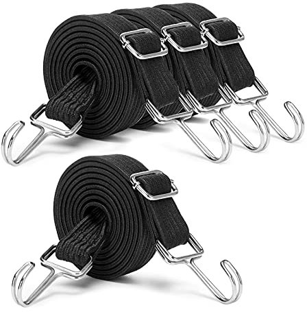 INCETUE Adjustable Bungee Cords With Hooks Set, 4 Pack 2M Extra Long Flat Elasticity Rope, Large Heavy Duty Rubber Elastic Straps with Adjustment Metal Buckle, for Luggage & Moving Cargo (Black)