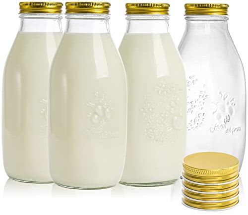 ZOOFOX 4 Pack 32 oz Glass Milk Bottle with Lids, Vintage Milk Container for Refrigerator, Glass Juice Bottles, Reusable Dairy Drinking Containers for Almond Milk, Yogurt, Smoothies, Maple Syrup, Jam
