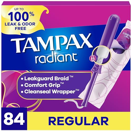 Tampax Radiant Tampons for Women, with LeakGuard Braid, Regular Absorbency, Unscented, 84 Count (3 Packs of 28), Packaging May Vary