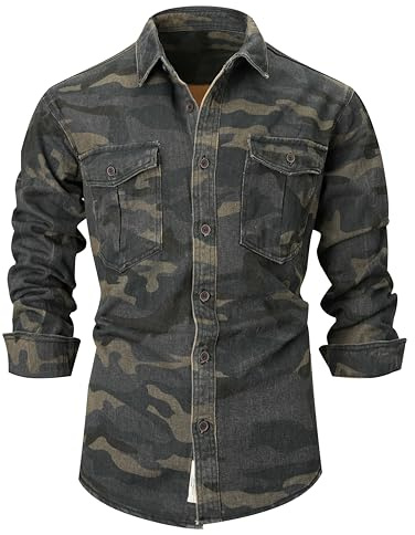 PAODIKUAI Camisa de mezclilla de camuflaje para hombre, estilo militar, de manga larga, informal, con botones
