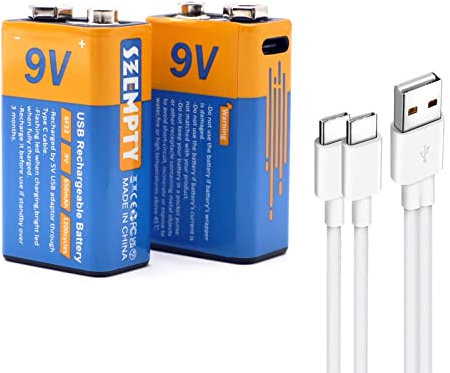 SZEMPTY Baterías de Litio Recargables de 9 V, 6F22 USB de Ion de Litio de 9 V, 650 mAh con Cable de Carga Tipo C, Carga rápida en 1,5 Horas, Paquete de 2 Unidades (2 Pilas USB de 9 V)