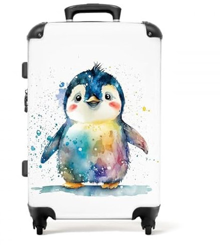 NoBoringSuitcases.com Kinderkoffer Groß mit TSA Schloss - Reisekoffer 20kg Gepäck Mittelgroß, Suitcase Large (Pinguin - Aquarell, 67 cm - 72 L)