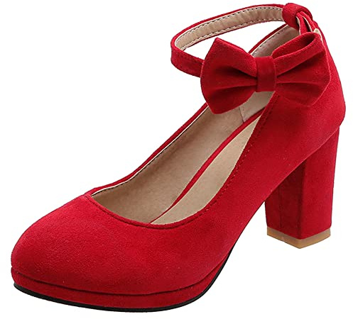 Décolleté con Tacco Largo da Donna, Pompe al Tallone Alto Punta Rotonda Fibbia Scarpe da Sera con Plateau con Cinturino alla Caviglia Bowknot Moda Lsaspy Rosso Numero 46 EU