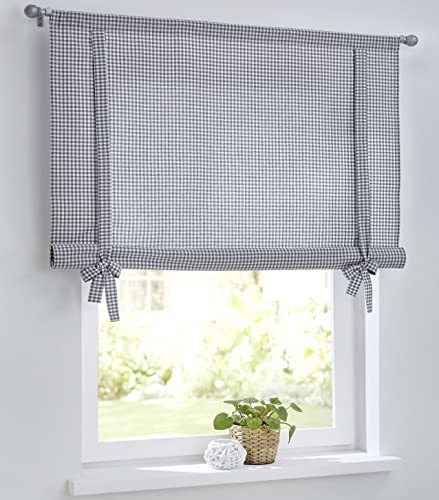 Kutti Tenda a pacchetto a quadri con coulisse in stile casa di campagna, tenda per cucina bianca / grigia, 45 cm x 100 cm