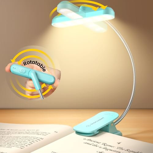 Glocusent Rotatable Reading Light for Books in Bed, 22LEDs Dual-Row Design with Timer, Stepless Dimming & Color Adjustment, 1000mAh Rechargeable Book Light for up to 100hrs (Mint)