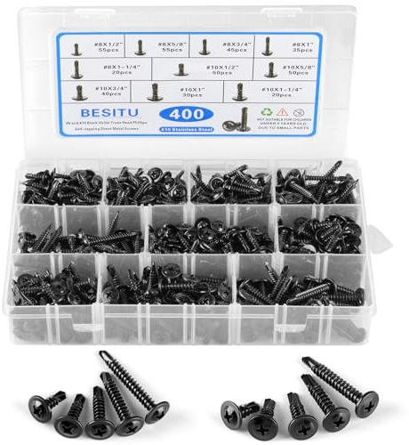 Besitu 400PCS Self Tapping Screws, 410 Stainless Steel Self Drilling #8#10 Black Oxide Sheet Metal Screw, Length 1/2 to 1-1/4'', Truss Head Wood Screws Assortment for Metal, Plastic and RV