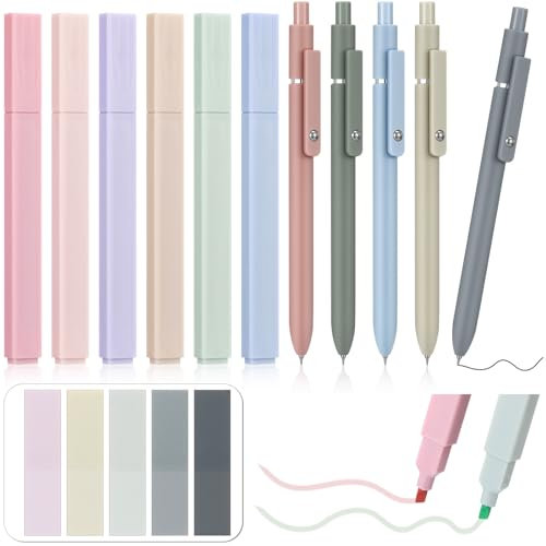 Tenare Pastell Textmarker Set 6 Stück Ästhetische Schnelltrocknende Textmarker 5 Stück 0,5 mm Gelstifte mit Schwarzer Mine 1 Stück Haftnotizen für Bibel Schule Büro Zubehör