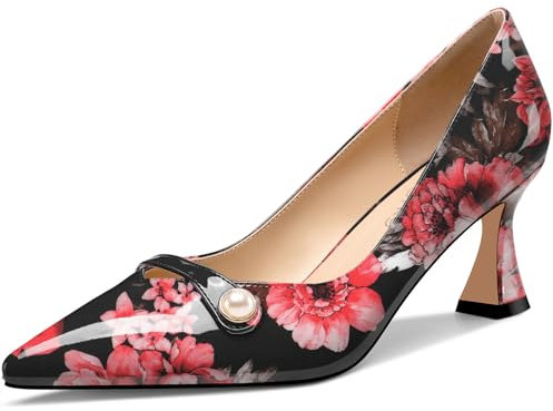 NobleOnly Womens Mid Heel Pointed Toe Slip-on Pearls Dress Pumps Court Shoe Glitter Casual Patent Leather Shoes 6 CM Heels Red Flower 3.5 UK