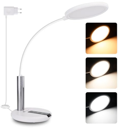Aigostar Flexo Escritorio, Lampara Escritorio LED, Ajuste Flexible de 360°, 3 Brillo y Temperatura de Color, Cable de 130 cm con Enchufe, Función de Memoria, Blanco