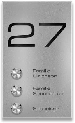 Metzler Mehrfamilienhaus Aufputz Türklingel in RAL 9007 Graualuminium - Gravur - wasserdichter LED-Taster - Befestigung mit Dämmstoffdübel möglich - modernes Design