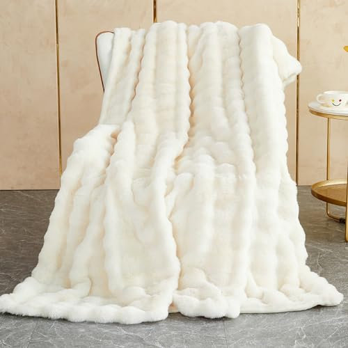 Kuscheldecke Kaninchen Plüsch Decke Super Soft Wohndecke Dick 1000 G/M² Flanell Decke Couchdecke Warme Überwurfdecke Sofadecke Vielseitig Blanket Für Bett Sofa Schlafzimmer Büro Weiß 180 x 230cm