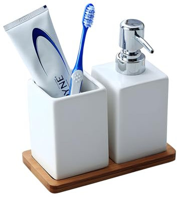 Nuscen white soap dispensers, 3 in 1 Bathroom Set, Soap Dispenser, Ceramics Toothbrush Holder & Bamboo Tray, Ceramic Material, for bathroom, Washbasin, Sink, Bathtub, Reusable Shampoo, Body Wash