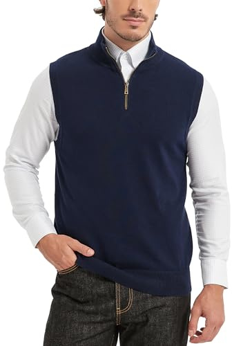 Kallspin Men’s Cotton Quarter Zip Sweater Vest Sleeveless Mock Neck Knit Jumper Smart Casual Pullover Knitwear(Navy Blue, L)