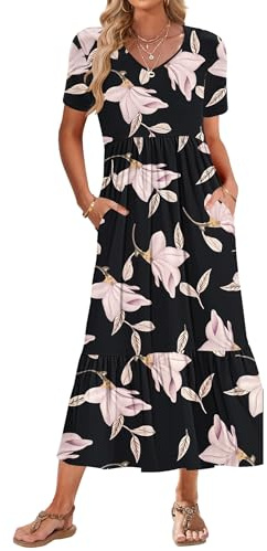 AUSELILY Vestito Estivo da Donna Abito Lungo a Maniche Corte Abito Lungo da Donna Abito Estivo da Spiaggia con Scollo a V e Vita Impero con Tasche Ipomea M