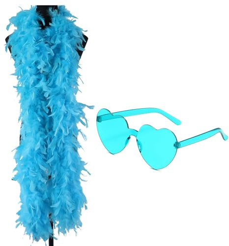 JNGTKL Feather Boa, 2m Blue Feather Boa And Heart Rimless Sunglasses, Delicate Feather Scarf, Suitable For Dance Performances, Weddings, Carnival Celebrations Feather Bower