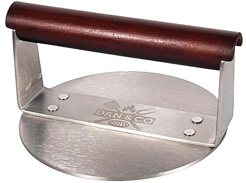 Dan&Co Pressa per hamburger in acciaio inox resistente, 15,2 cm, spessore 3 mm, con manico in legno resistente al calore, antiaderente, per griglia, hamburger, pancetta, bistecca e carne