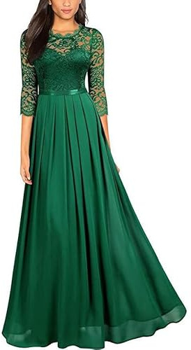 Vestido de noche para mujer con mangas - Encaje A-Linea largo para invitada de boda Tallas grandes Vestidos de noche elegantes para boda Vestidos festivos Vestido de fiesta A-Linea plisado Maxi