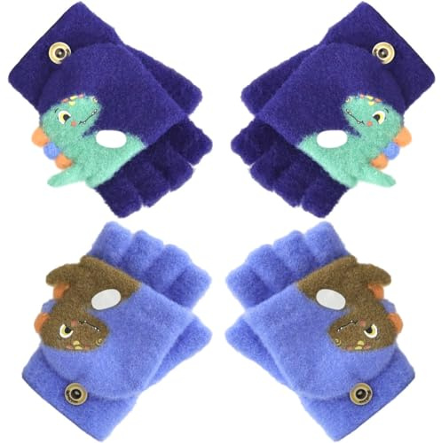 Dinosauro Guanti Senza Dita Bambino, 2 Paia Guanti Convertibile Flip Top Guantis Invernali Caldi Guantis Mezze Dita con Copertura Guantiin Maglia Guantide Cartoni Animati per Ragazze Ragazzi 3-8 Anni