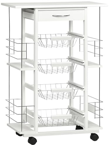 HOMCOM Carrito de Cocina con Ruedas y Encimera Baldosada Carrito Verdulero con Cajón, 4 Cestas Metálicas y 4 Porta Especias Laterales para Comedor 57x37x83 cm Blanco