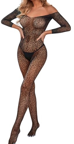 PARUPRUP Donna Sexy Leopardato Bodystocking Rete Trasparente Tuta Scollo a U Bodysuit Maniche Lunghe Catsuit (Nero)