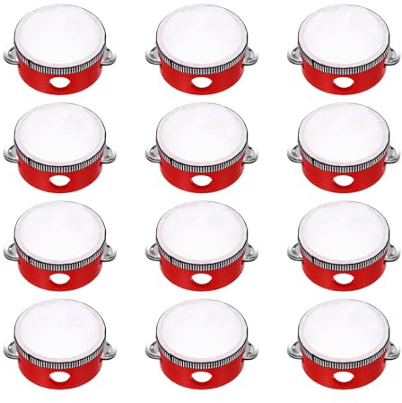 QUARKZMAN 12 Pcs Pandereta De 4 Pulgadas De Madera Instrumento Musical De Percusión Con Jingles De Metal De Una Hila Para Adultos Iglesia Boda Fiestas Juegos, Rojo