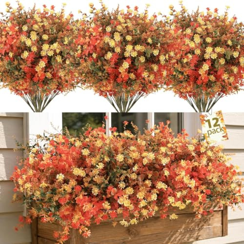 Autumn Flowers Artificial, 12 Bundles Fake Fall Flower for Autumn Decor | Realistic Autumn Artificial Flowers, Faux Plastic Autumn Plants for Garden Window Porch Balcony Indoor Outdoor Home Decor