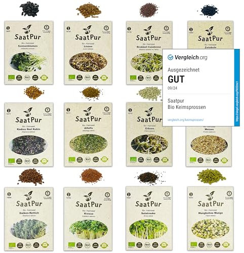 SaatPur Bio Sprossen Samen Set (12 Sorten) Weizen, Sonnenblumen, Zwiebeln, Linsen, Kresse, Alfalfa, Brokkoli, Rauke, Daikon Rettich, Mung Bohnen, Radies Red Rubin, Erbsen.