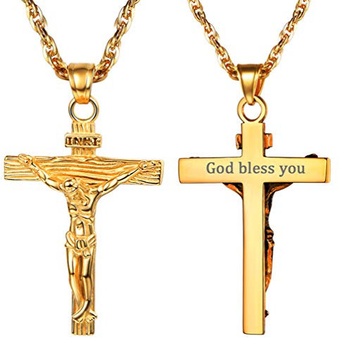 PROSTEEL Herren Halskette Personalisierte 18k vergoldet Collier mit Vintage Kruzifix Anhänger Männer Jungen Name Texte Gravur ModeSchmuck Accessoire für Weihnachten Geburtstag