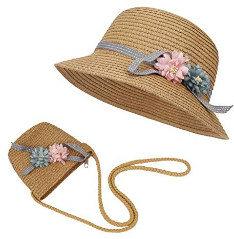 ISIYINER Chapeau de Soleil Filles Chapeaux de Paille d'été Enfant et Petit Sac Ensemble avec Décoration Florale pour Plage Voyage Randonée 3-7 Ans