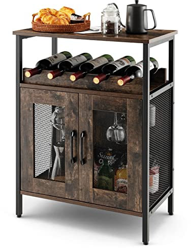 GIANTEX Weinschrank Barschrank Industrial, Weinbarschrank mit abnehmbarem Weinregal & 6 Glashalter, Küche Hausbar Küchenschrank mit Metallgittertüren, Sideboard Flaschenständer Weinständer 60x34x79cm