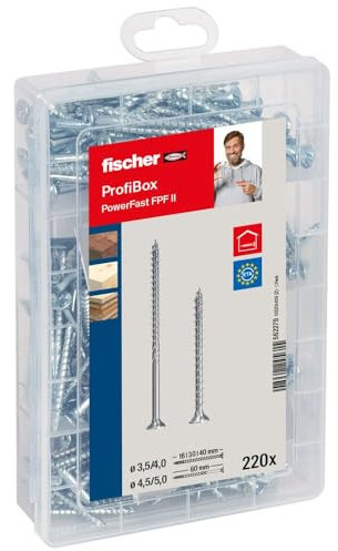fischer Meister-Box PowerFast II Chipboard Screw, Presorted Assortment Box with 220 Blue-Galvanised Screws, Countersunk Head, PZ Drive, Partial Thread and Full Thread, Universal Set for Mounting
