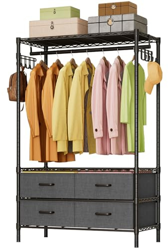 FTEYUET Clothes Rail Heavy Duty Clothing Rail for Hanging Clothes, Adjustable Metal Garment Rack Coat Rail with 4 Fabric Drawers, Freestanding Open Wardrobe with Shelves (Black)