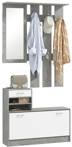 HOMCOM Set Mobili Ingresso Moderno con Scarpiera e Specchio, Appendiabiti da Ingresso con 6 Ganci, 2 Ripiani Regolabili e Cassetti in Legno per Corridoio, Bianco e Grigio Chiaro