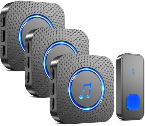SURFOU Sonnette sans Fil, 400M Sonnette Longue Portée Exterieur Étanche Electronique, Kit de Carillon avec 3 Récepteurs Enfichables pour la Maison, LED Bleu, 55 Mélodies, 5 Niveaux Volumes, Noir