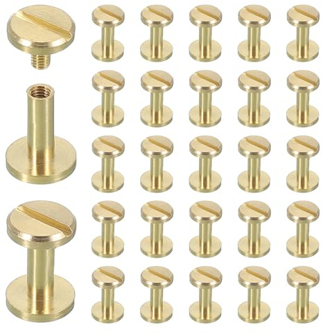 sourcing map 30 Sets Chicago Screw Rivets M4x10mm Metal Phillips Head Post Nail Rivet Stud Screws Connectors for DIY Leather Belt Bag Craft Bookbinding, Brass