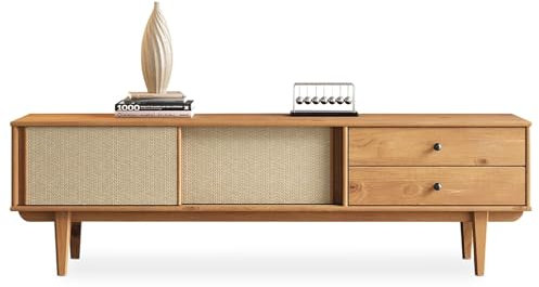 IDIMEX Lowboard Simona für 75 mit Rattangeflecht aus Massivholz, Eiche Farben – 175 cm TV-Board im Mid-Century Design, Lowboard mit 2 Schubladen und Schiebetüren, Retro TV-Schrank, Wohnzimmer