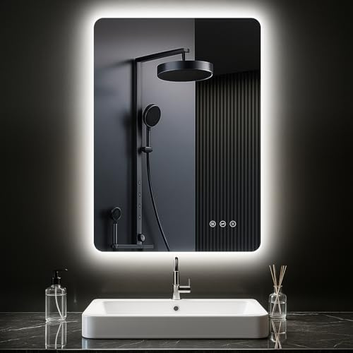 PESENXAN Badezimmerspiegel mit Beleuchtung 50 x 70cm, LED Spiegel Bad mit Antibeschlag, 3 Lichtfarben, Dimmbar, Rechteckig Badspiegel mit Touch-Schalter, Speicherfunktion, Horizontal/Vertikal Montage