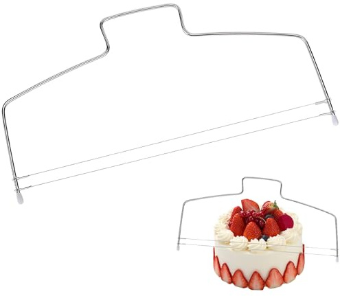 KIRVOS Coupe Gâteau,Coupe-Gâteau à Fil avec 2 fils de coupe dentelés,fil de coupe à double couche,fil de scie à gâteau réglable en hauteur,32 cm,Argenté,pour des couches de gâteau uniformes