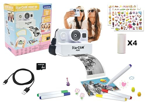 Lexibook, StarCAM Print HD, kamera med direktskrivare, foto, video, selfie, musik och spelfunktioner, anpassningskit och 32 GB SD-kort ingår, vit, DJ160LXB