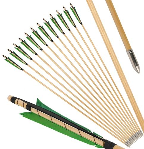 surwolf 31” bågskyttepilar av trä, traditionellt handgjorda, med 6” kalkonfjäder, OD8.5mm träskena, jaktmål för långbåge/recurvebåge hästbåge 6&12 st. (grön, 12pcs)