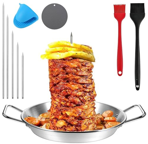 Vertical Kebab Skewer Stand,10in Vertical Meat Skewer Stainless Steel with 6/8/10/12/14 Stainless Steel Grill Rack Spikes, 2 Oil Brush,Silicone Gloves, Heat Insulation Pad for Grilling Meat BBQ