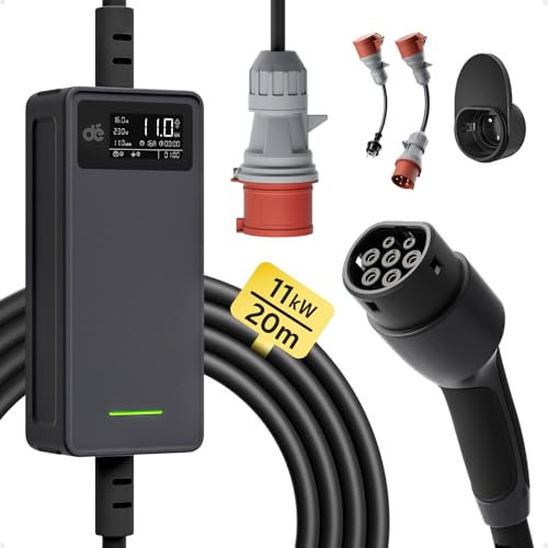 dé Mobile Wallbox 11kW |3-phasig|20m|6-16A |Einstellbare Ladeleistung|, Ladekabel CEE 16a auf Typ 2 und Mobile Ladestation 11kW für ID.3, ID.4, ID.5, Model Y, Model 3, e-up, e-tron andere EV