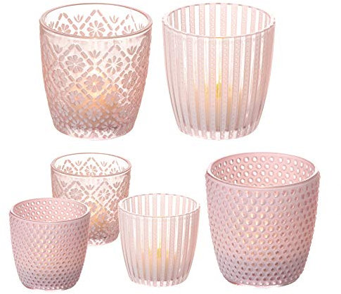 BigDean 6X Windlicht Glas Set 3 Motive, 2 Größen - Rosa - 7,5 & 9 cm hoch - Teelicht-Gläser Windlichter Dekoglas für Kerzen & Teelichter