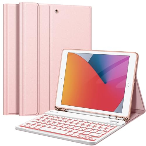 FINTIE Tastatur Hülle für iPad 9 8 7 Generation (2021/2020/2019) 10.2 Zoll, 7-farbig beleuchtete abnehmbare Tastatur mit Schutzhülle, QWERTZ Layout, Roségold